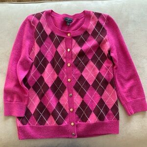 Talbots Pink Argyle pure merino wool Cardigan 3/4 sleeves #Lp